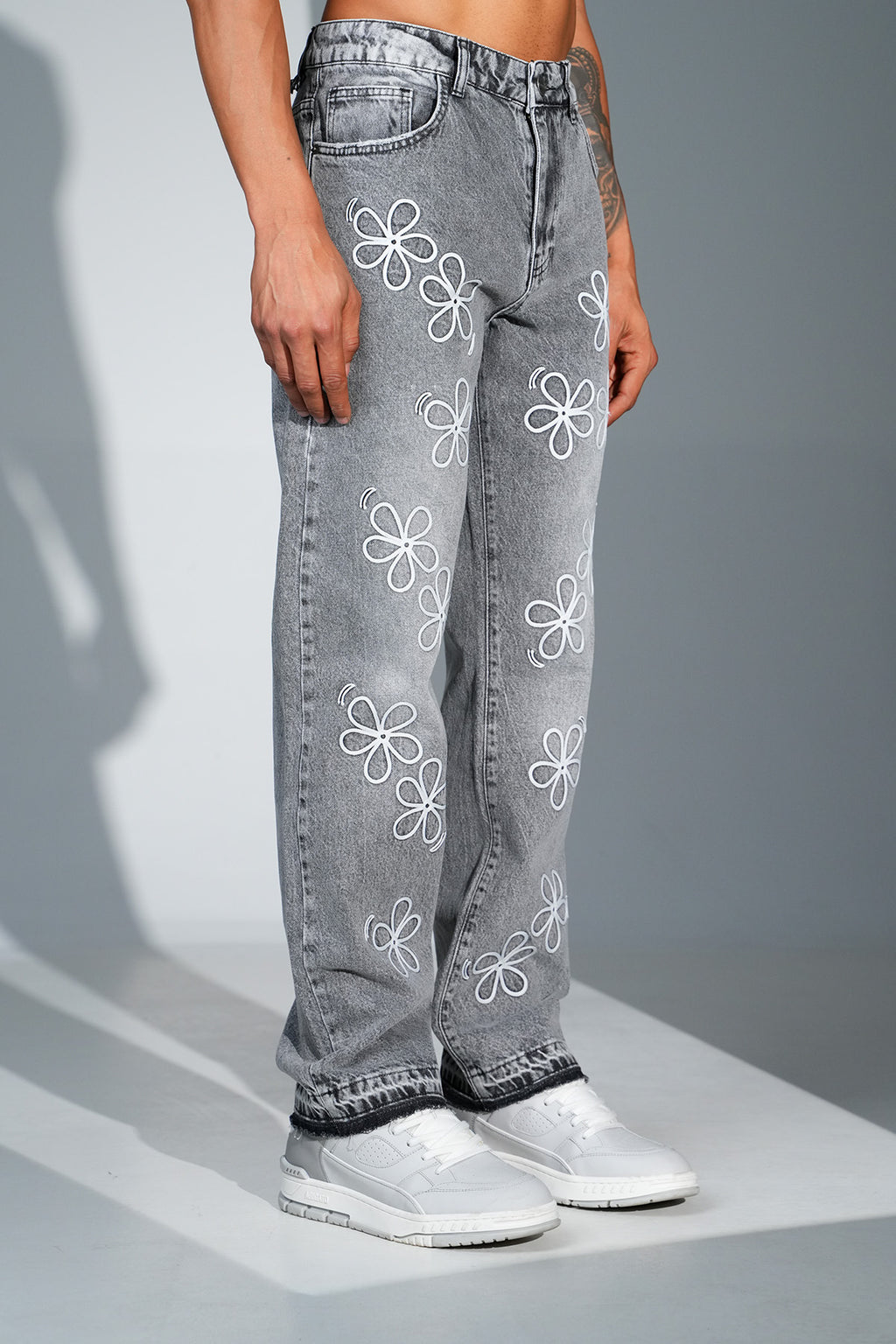 Flower Denim Jeans Grey